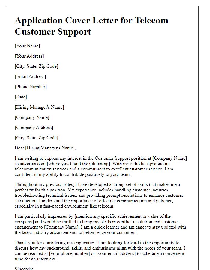 Letter template of application cover letter for telecom customer support