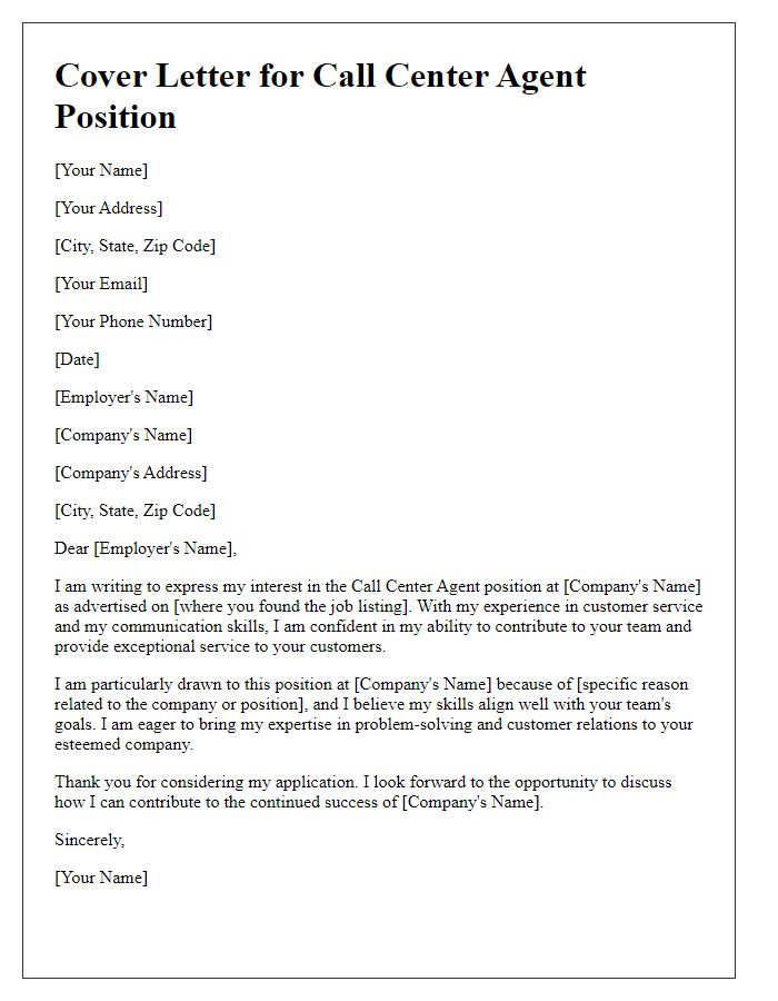 Letter template of cover letter for call center agent application