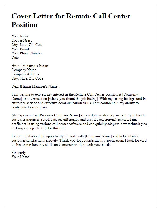 Letter template of cover letter for remote call center job