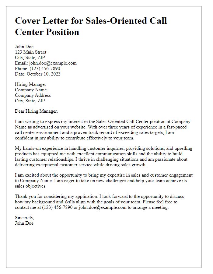 Letter template of cover letter for sales-oriented call center job