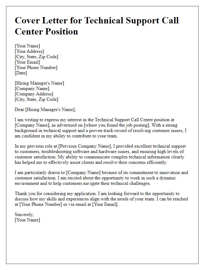 Letter template of cover letter for technical support call center position