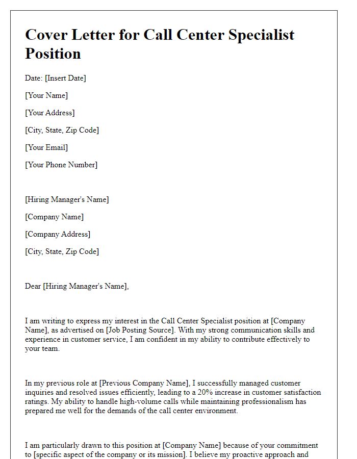 Letter template of job application cover letter for call center specialist