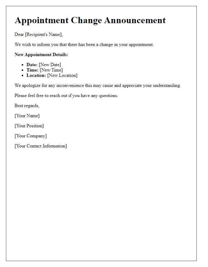 Letter template of appointment change announcement