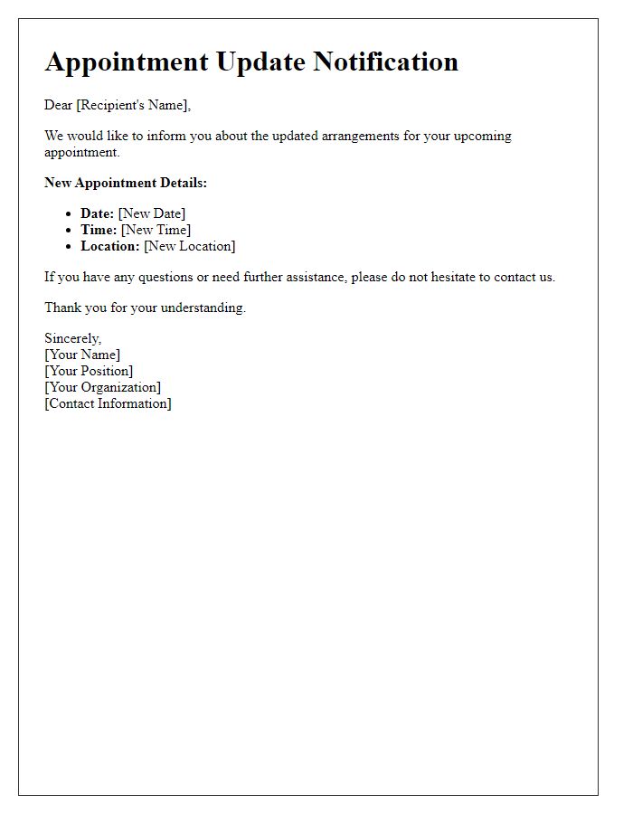Letter template of updated appointment arrangements
