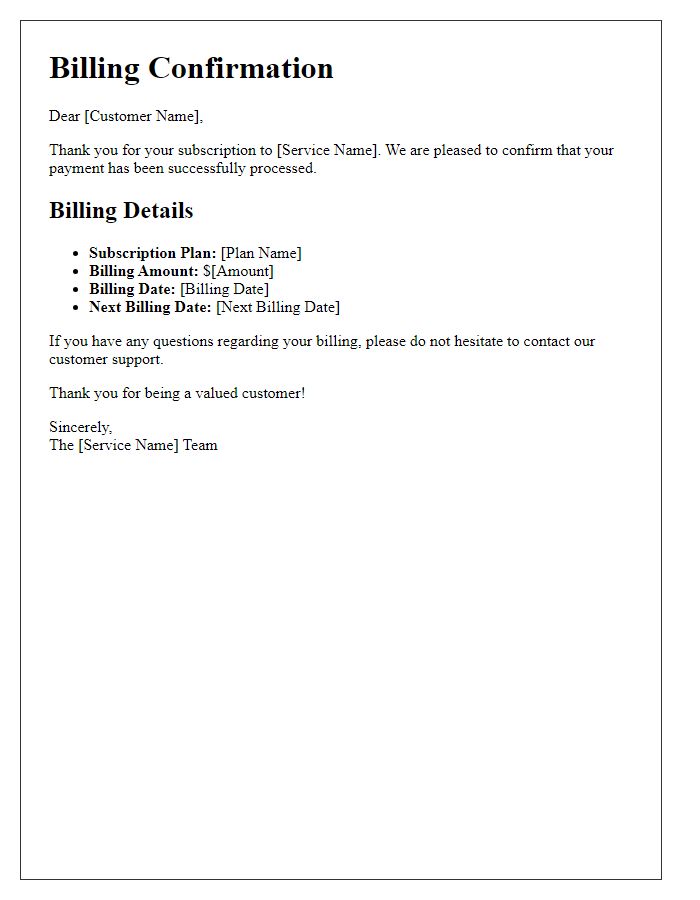 Letter template of Billing Confirmation for Subscription Service