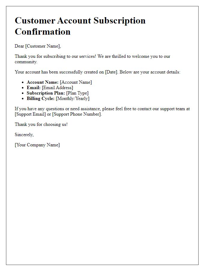 Letter template of Customer Account Subscription Confirmation