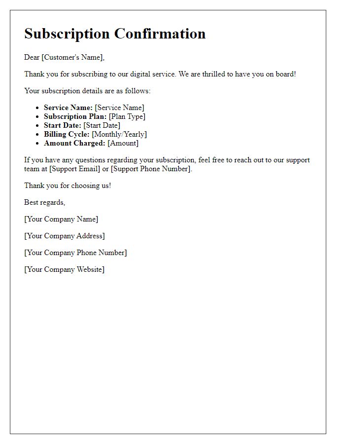Letter template of Digital Service Subscription Confirmation