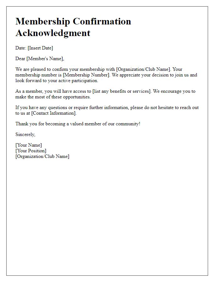 Letter template of Membership Confirmation Acknowledgment