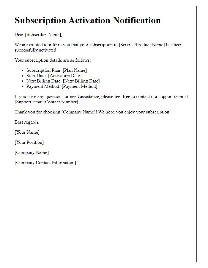 Letter template of Subscription Activation Notification