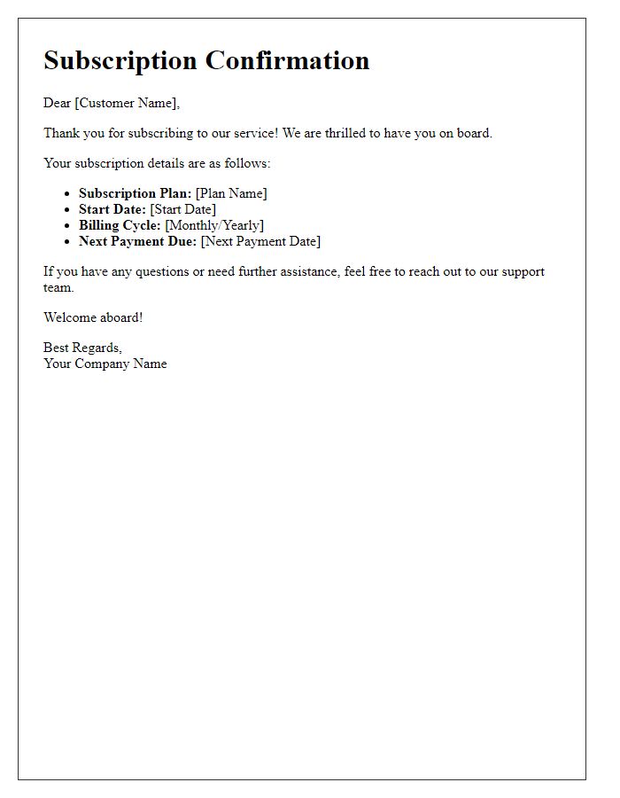 Letter template of Subscription Confirmation for New Customers