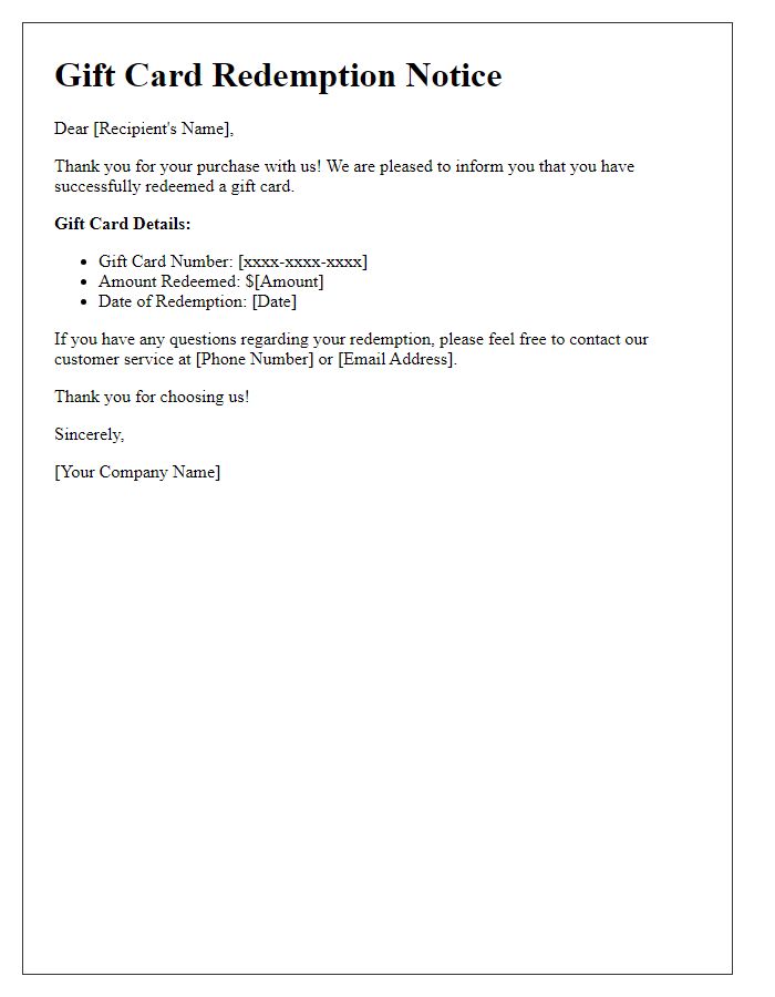 Letter template of gift card redemption notice