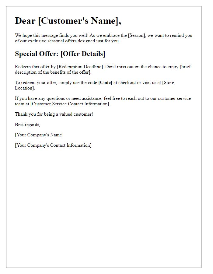 Letter template of seasonal offer redemption alert