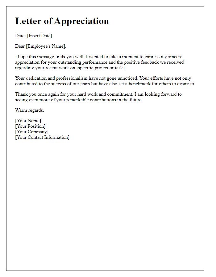 Letter template of appreciation for positive performance feedback