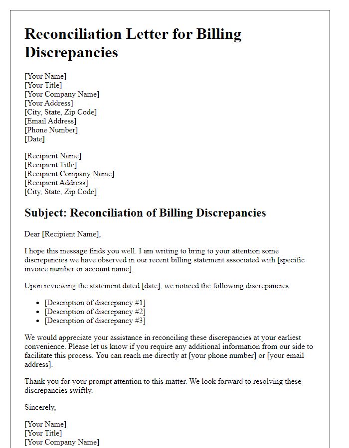 Letter template of reconciliation for billing discrepancies.