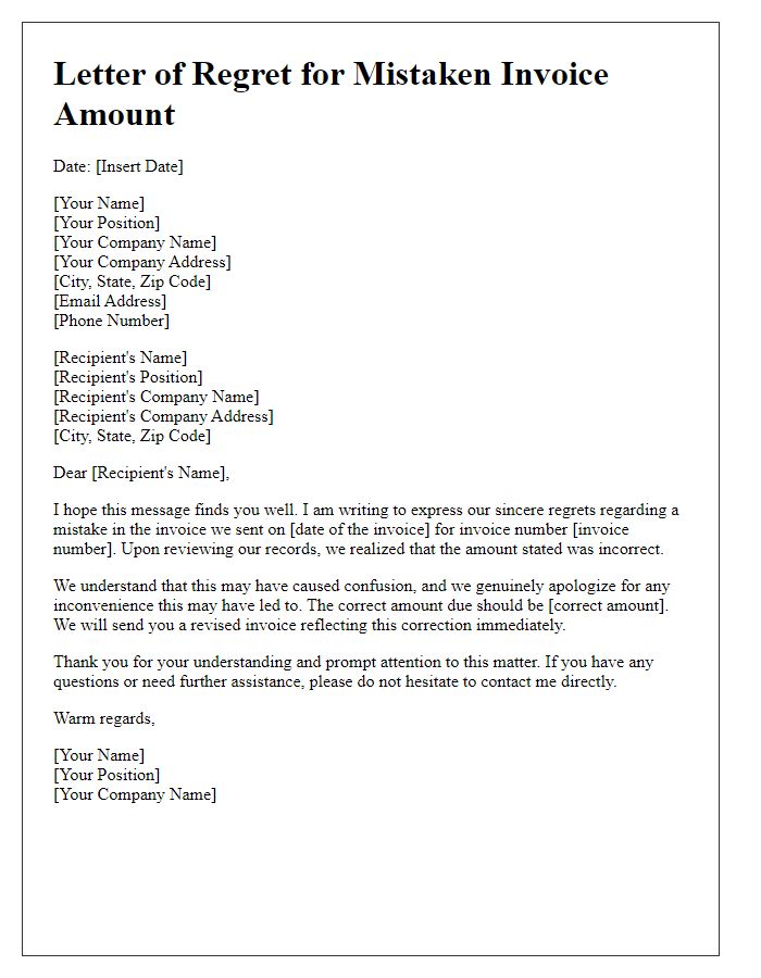 Letter template of regret for mistaken invoice amounts.