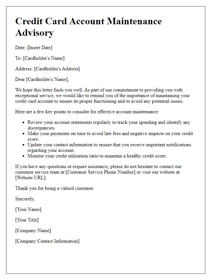 Letter template of advisory for credit card account maintenance