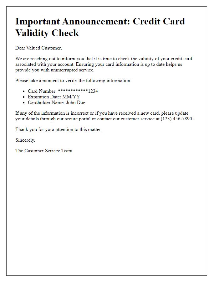 Letter template of announcement for credit card validity check