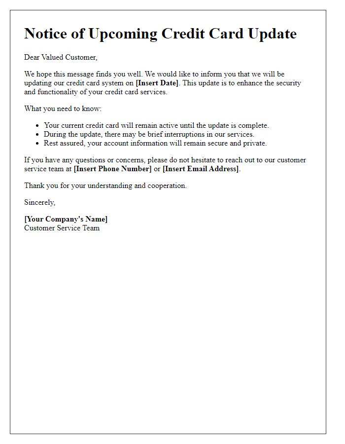 Letter template of notice for upcoming credit card update