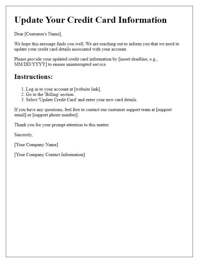 Letter template of prompt for updating credit card details