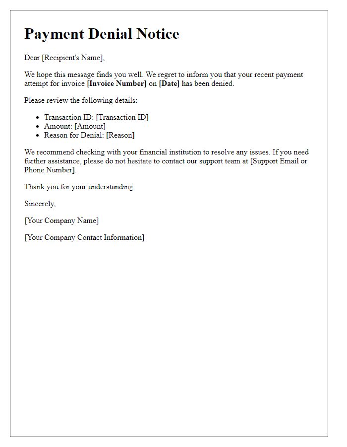 Letter template of payment denial alert