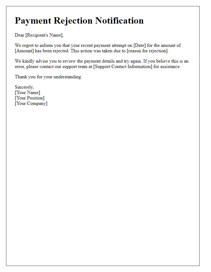 Letter template of payment rejection message