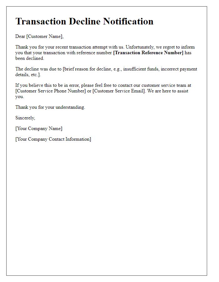 Letter template of transaction decline notification
