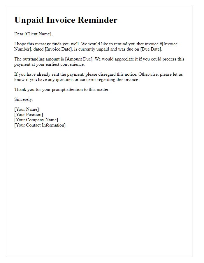 Letter template of unpaid invoice reminder