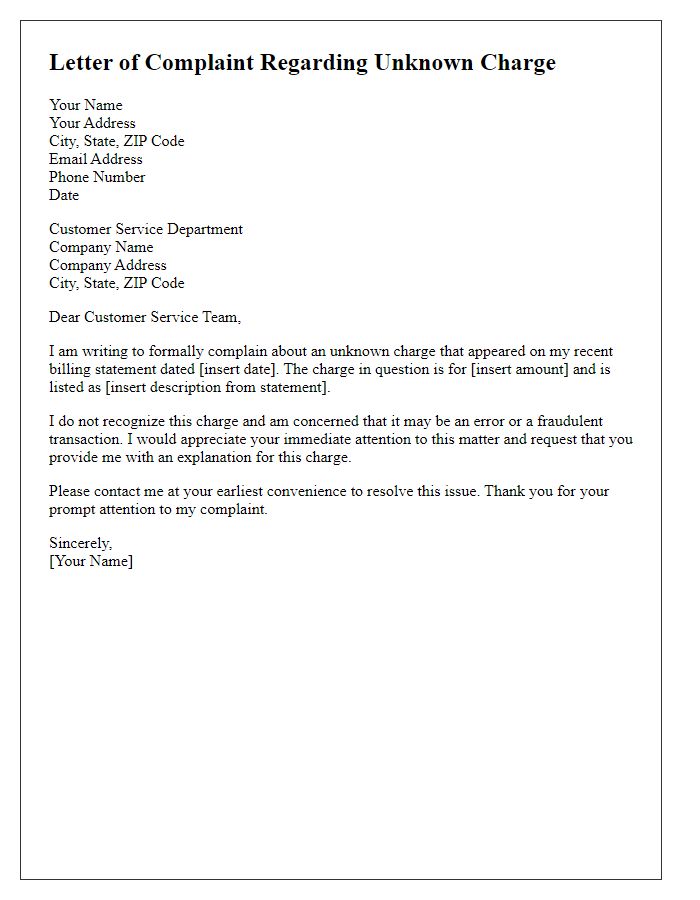 Letter template of complaint regarding unknown charge