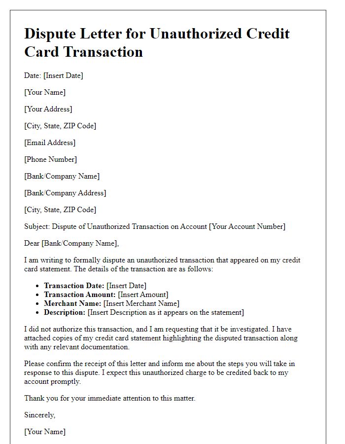 Letter template of dispute for unauthorized credit card transaction