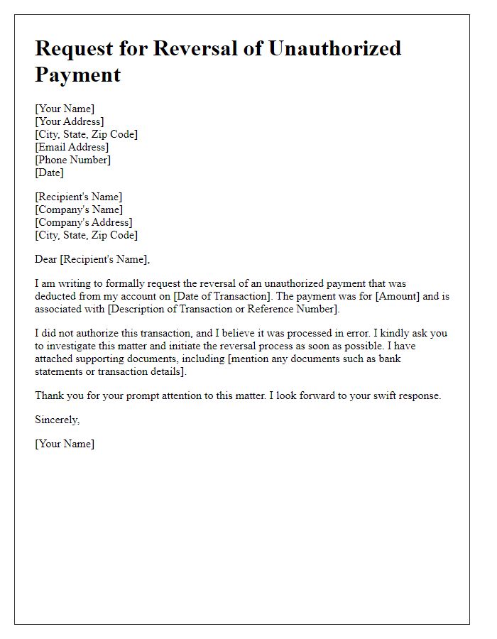 Letter template of request for reversal of unauthorized payment