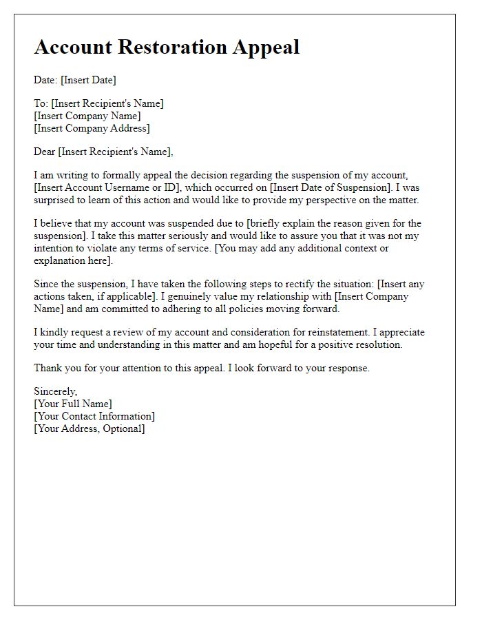 Letter template of account restoration appeal