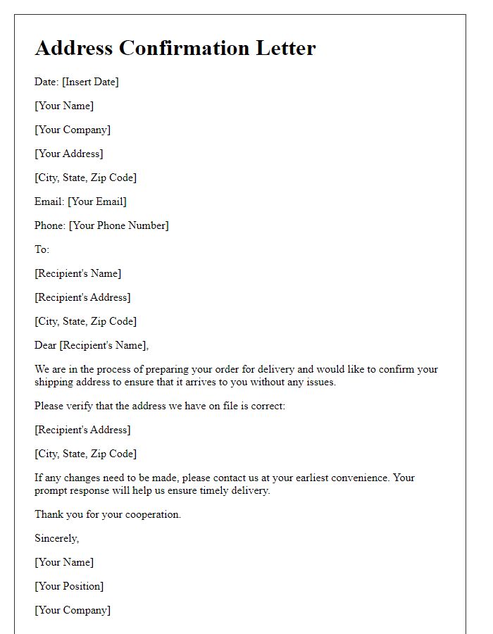 Letter template of Confirming Recipient's Address for Delivery