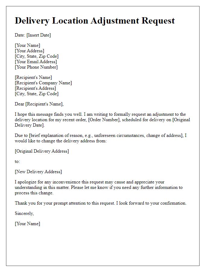 Letter template of Delivery Location Adjustment Request