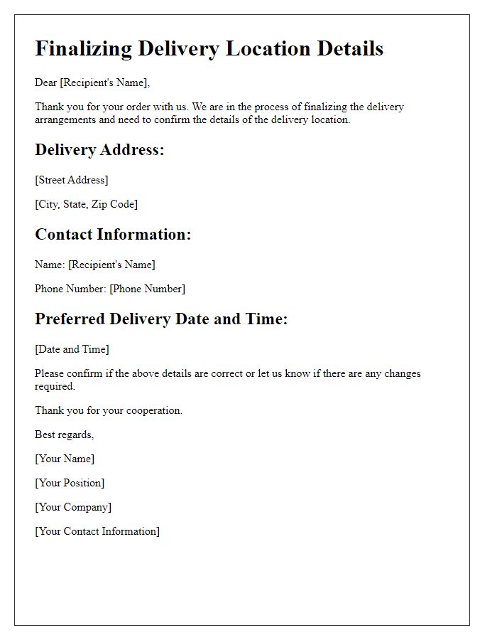 Letter template of Finalizing Delivery Location Details