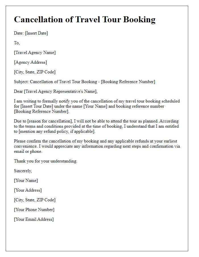 Letter template of cancellation for travel tour booking