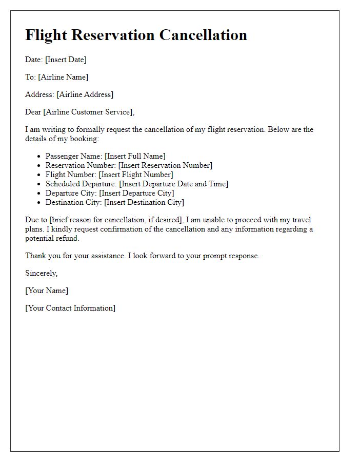 Letter template of flight reservation cancellation