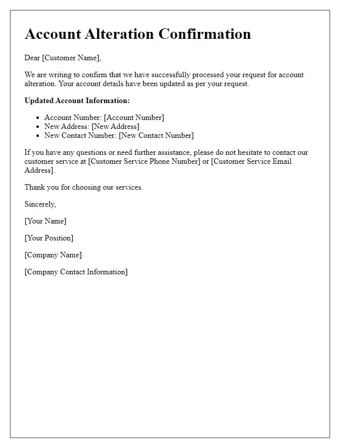 Letter template of account alteration confirmation