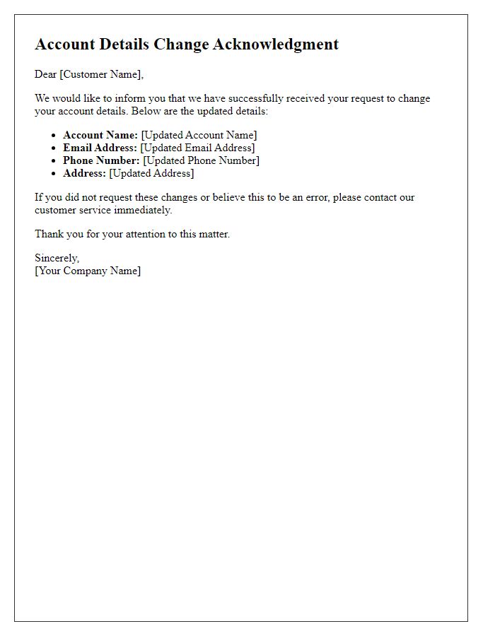 Letter template of account details change acknowledgment