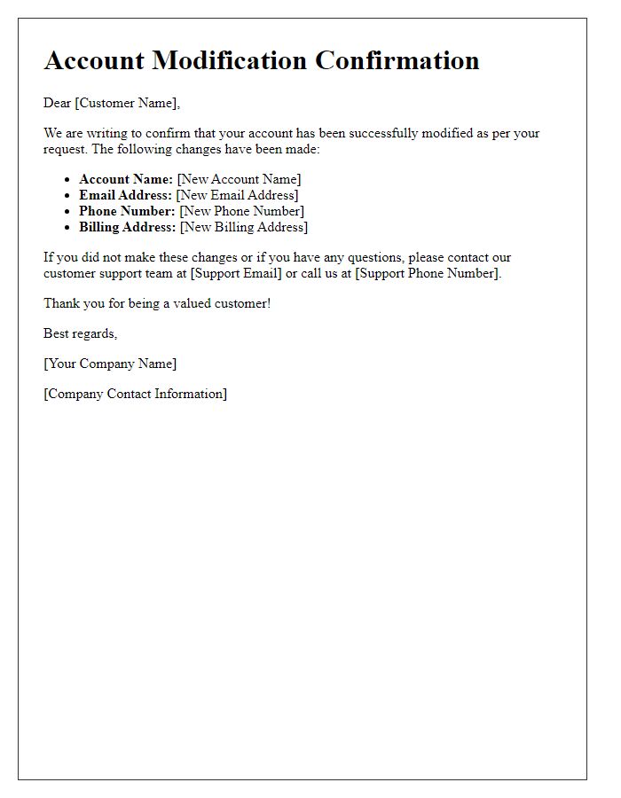 Letter template of account modification confirmation