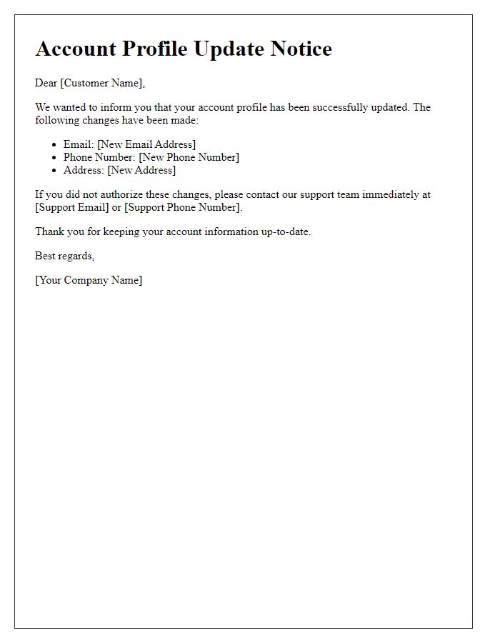 Letter template of account profile update notice