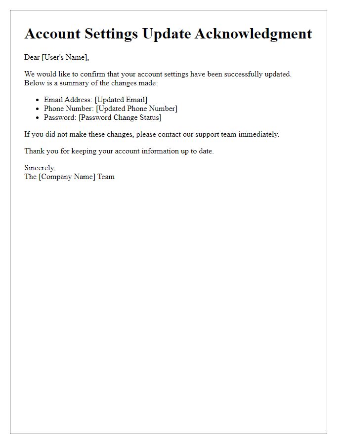 Letter template of account settings update acknowledgment