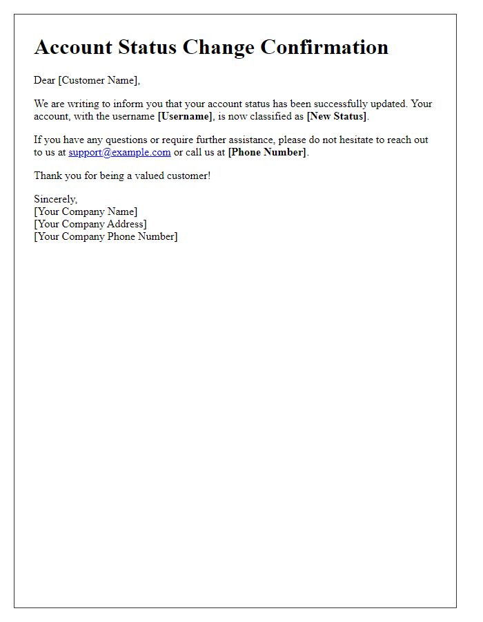 Letter template of account status change confirmation