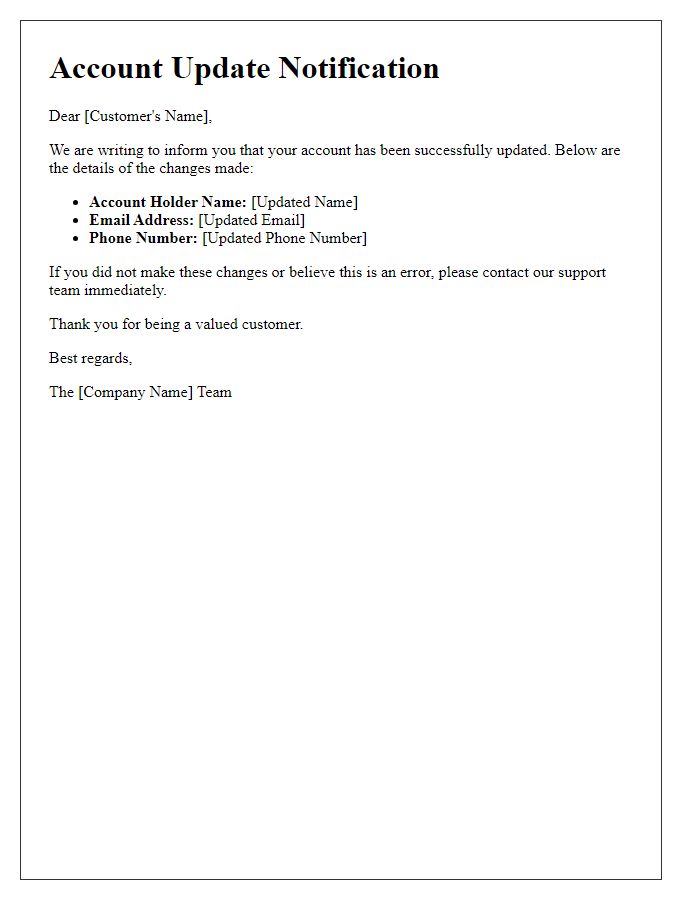 Letter template of account update notification