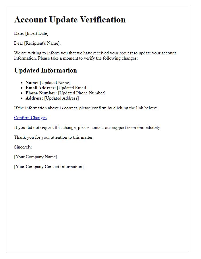 Letter template of account updates verification