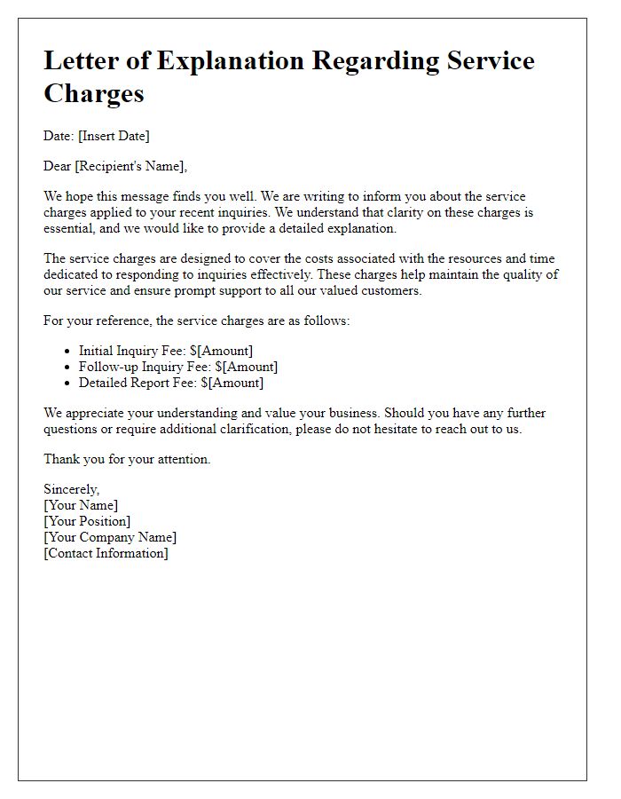 Letter template of explanation regarding service charges for inquiries