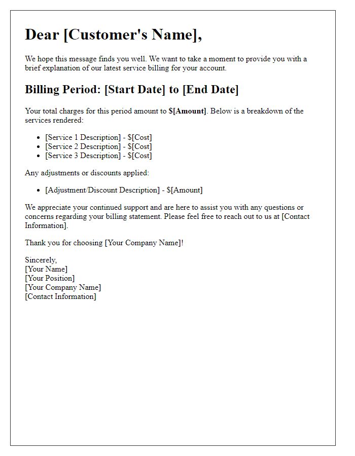 Letter template of service billing explanation for regulars