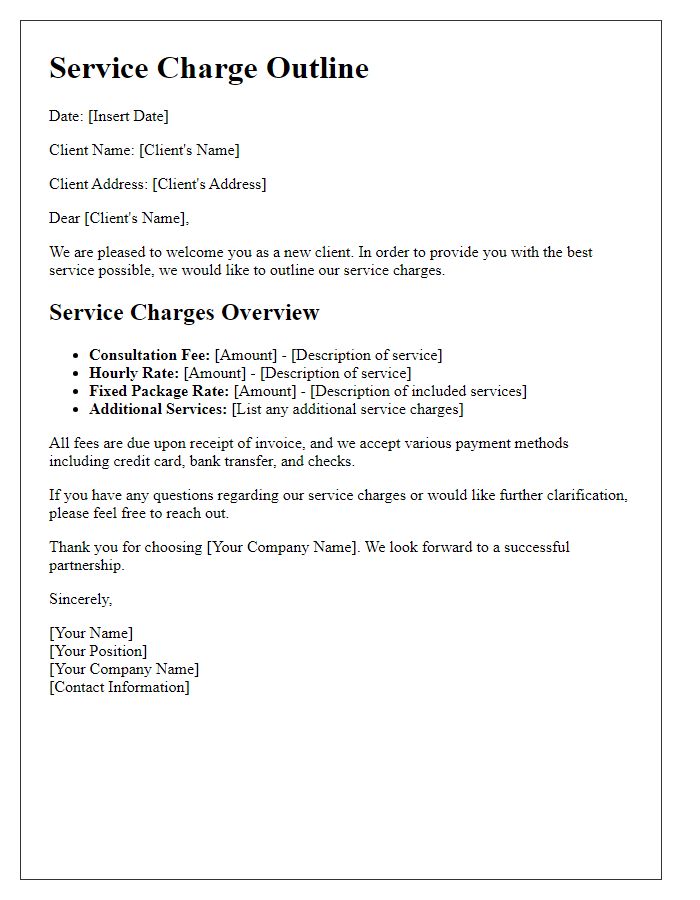 Letter template of service charge outline for new clients