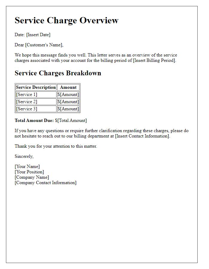 Letter template of service charge overview for billing questions