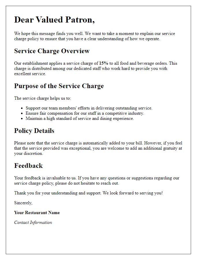 Letter template of service charge policy explanation for patrons