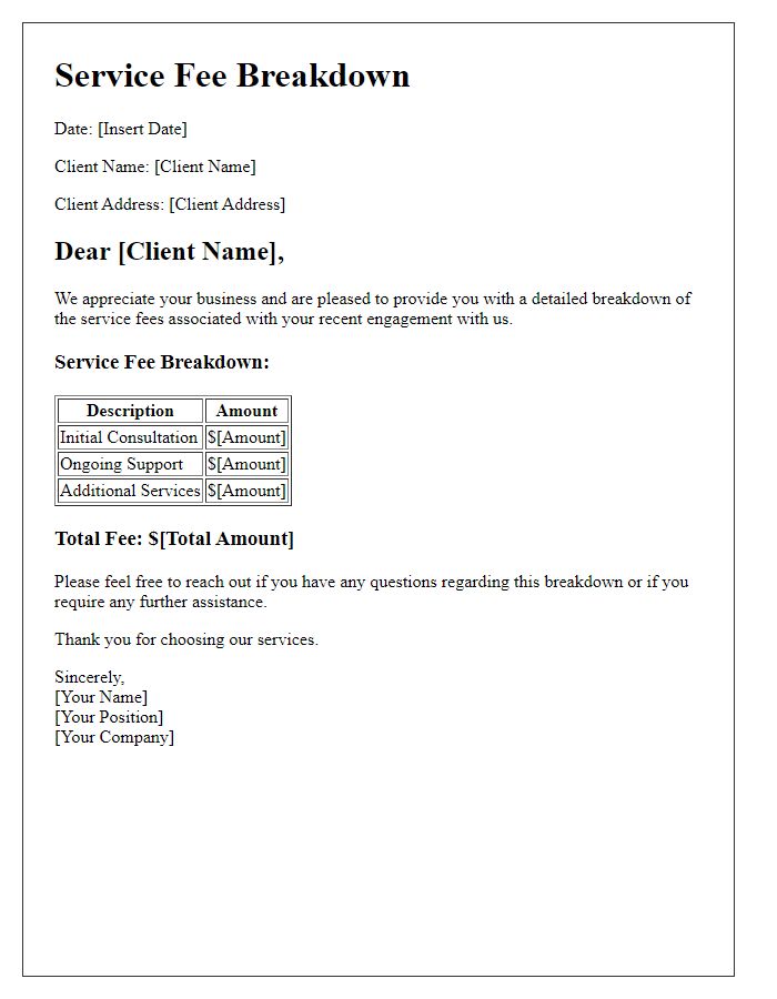 Letter template of service fee breakdown for clients